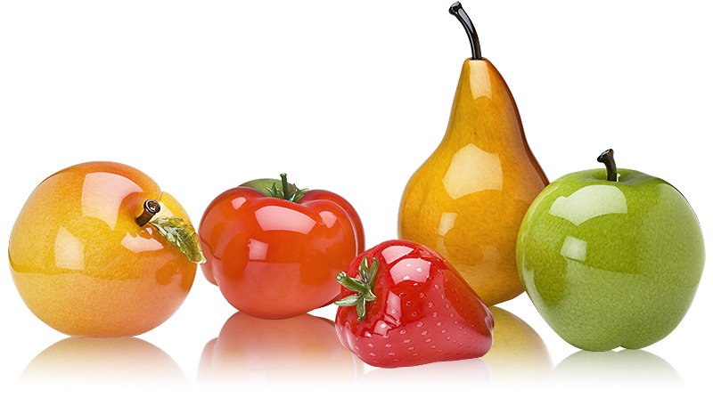 Glass fruit from left to right: hand blown glass peach, glass tomato, glass strawberry, glass pear and glass apple